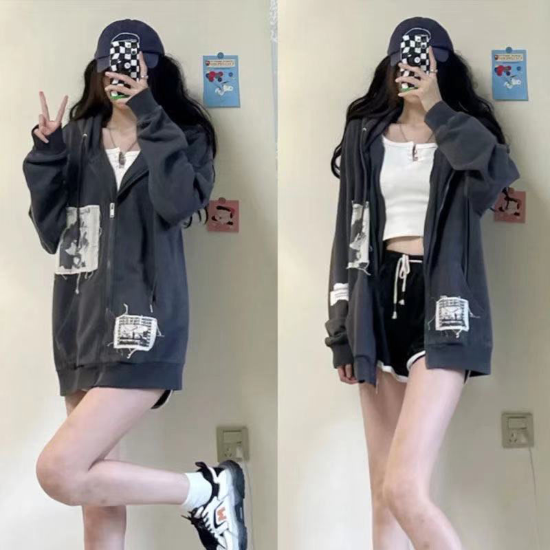 Женские толстовки с капюшоном Egirl Punk Hoodie Dark Print Grunge Jacket Y2k Vintage Women Hip Hop Streetshirt Harajuku Anime Goth Hoodies Women Coat Zipper 220926