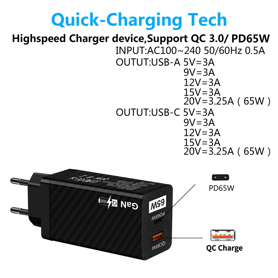 Chargeur mural USB 65W en nitrure de gallium PD, charge rapide intelligente, tête de téléphone portable QC3.0, adaptateur universel de charge GaN rapide pour ordinateur portable