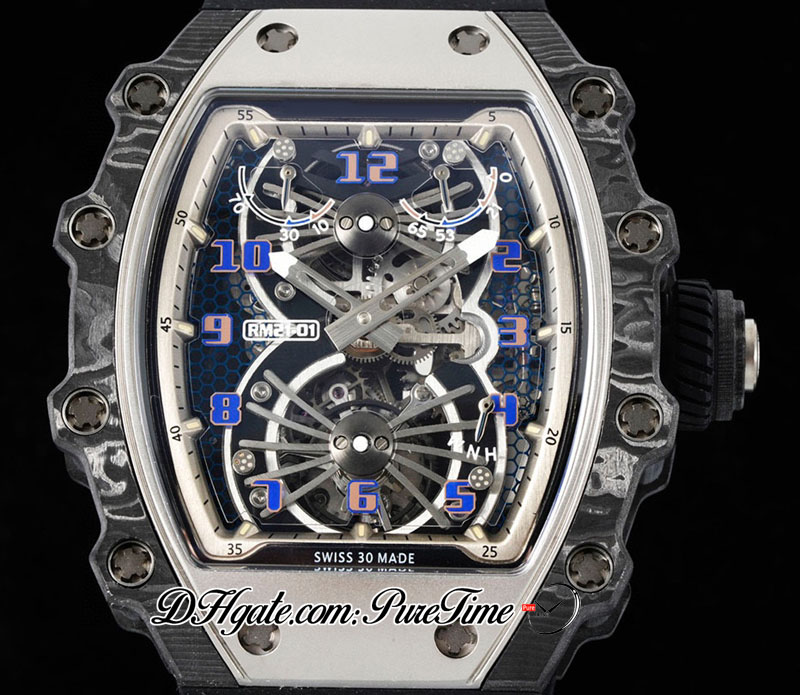 21-01 Real Tourbillon Aerodyne Hand Winding Mens Watch RMF Steel Carbon Fiber Case Skeleton Dial White Rubber Strap Watches Super Edition Puretime B2