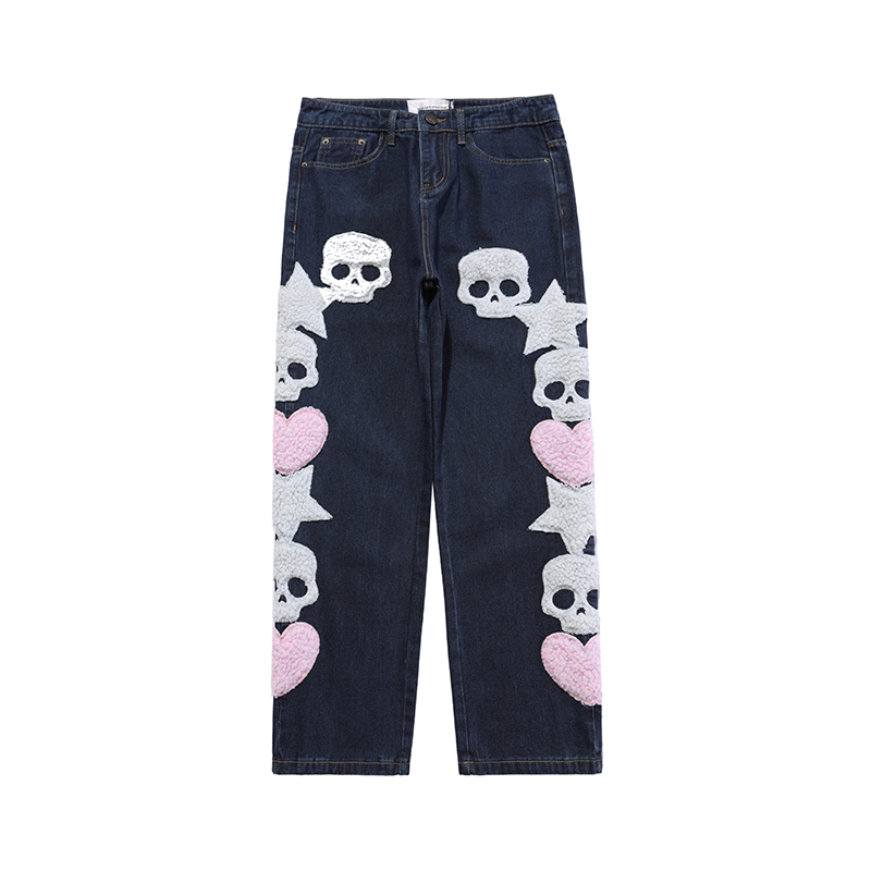 Mäns jeans skalle och fem stjärnor handduk broderi rippade jeans män byxor harajuku vibe stil streetwear överdimensionerade casual denim byxor 220926