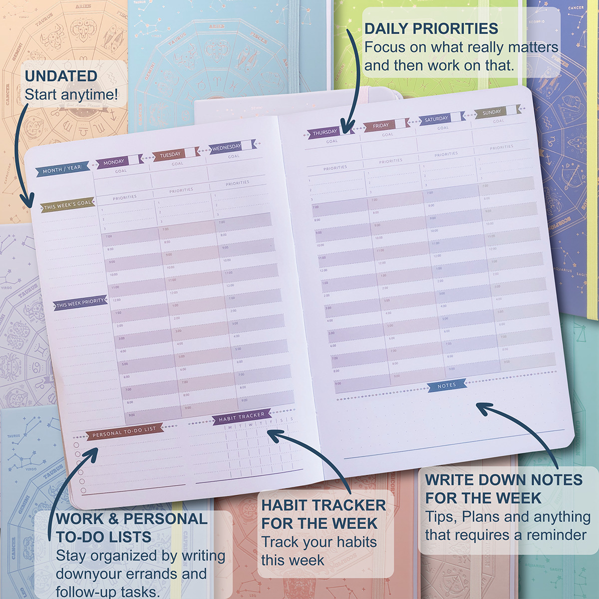 Bloc-notes Planificateur d'objectifs quotidiens Agenda non daté Calendrier hebdomadaire mensuel Organisateur Notebook Productivité 220927