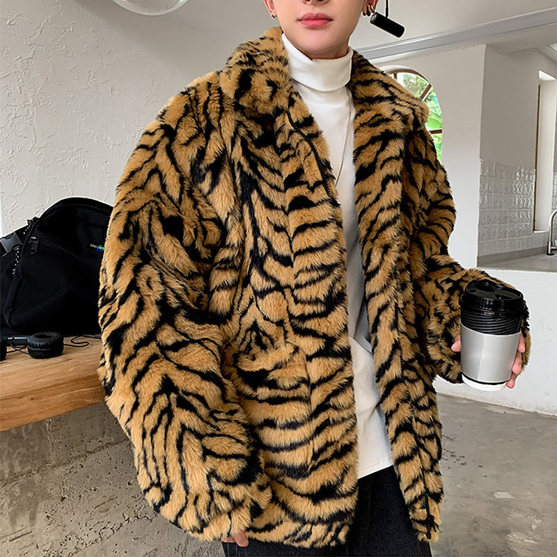 Herrläder faux läder vinter män faux päls tiger mönster kappa jacka manlig mode löst varm kappa manlig gatakläder förtjockar outwear överdimensionerad 220927