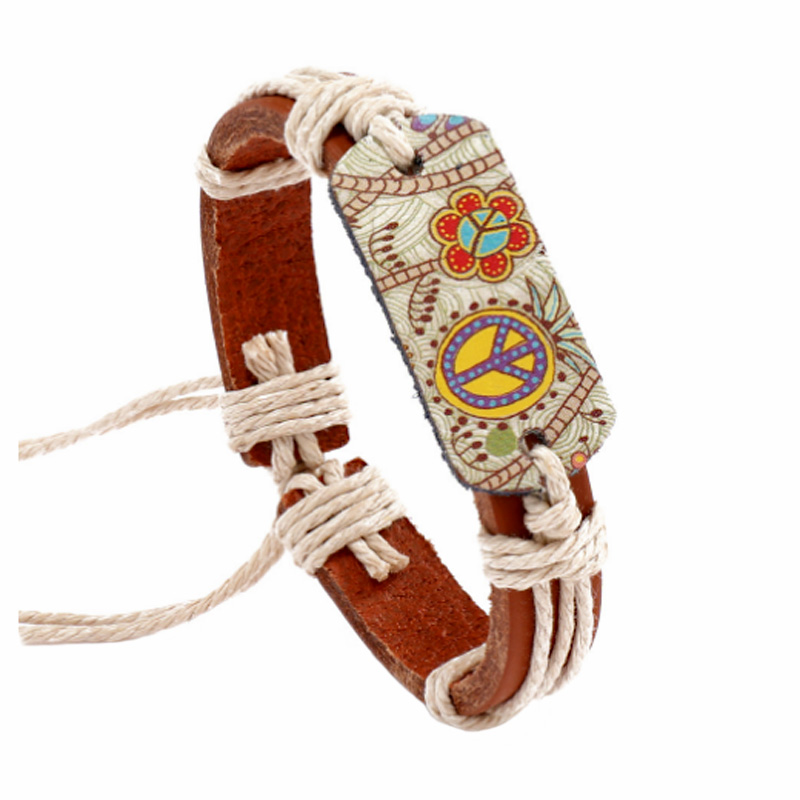 Handv￤vningsl￤derarmband Etnisk stil Pyrografi V￤rme￶verf￶ring Fredskylt Charm Armband Vintage Bangles Hemp Rope Chain Justerbar storlek Fashion Accessories