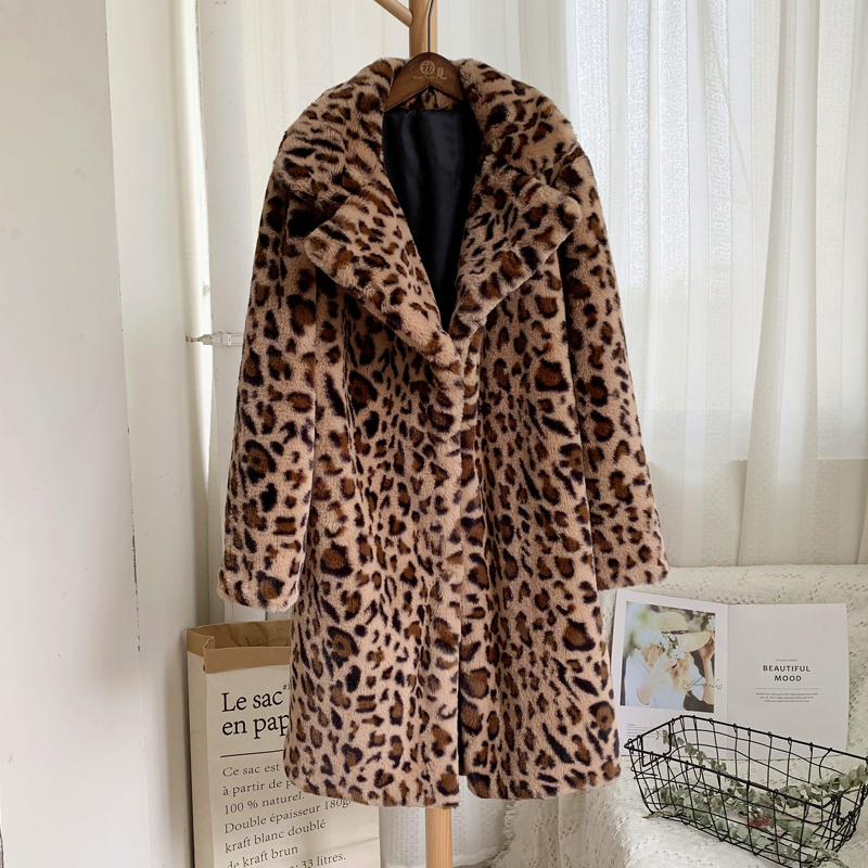 Women's Fur Faux Ins Fashion Leopard Long Coat Women Winter Overcoat Streetwear Luxury Loose Rabbit Jacket Thick Plush Coats Female 220923