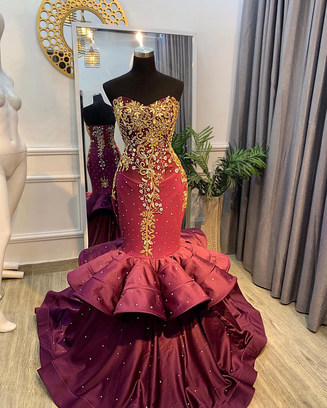 2022 Arabe Aso Ebi Bourgogne Sirène Robes De Bal Perles Cristaux Dentelle Soirée Formelle Deuxième Réception Anniversaire Robes De Fiançailles Robe ZJ627