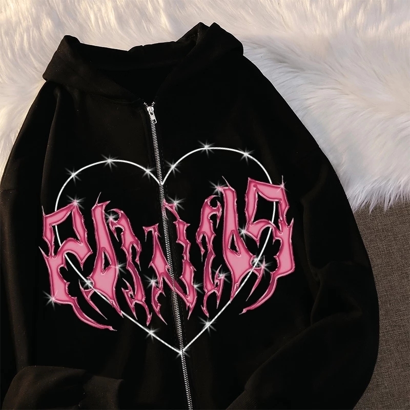 Sweats à capuche pour femmes Sweatshirts Y2k Sweat à capuche zippé Femmes Graffiti Coeur Lettre Imprimer Sweat Hip Hop Streetwear Automne Harajuku Surdimensionné Kawaii Sweats à capuche 220926