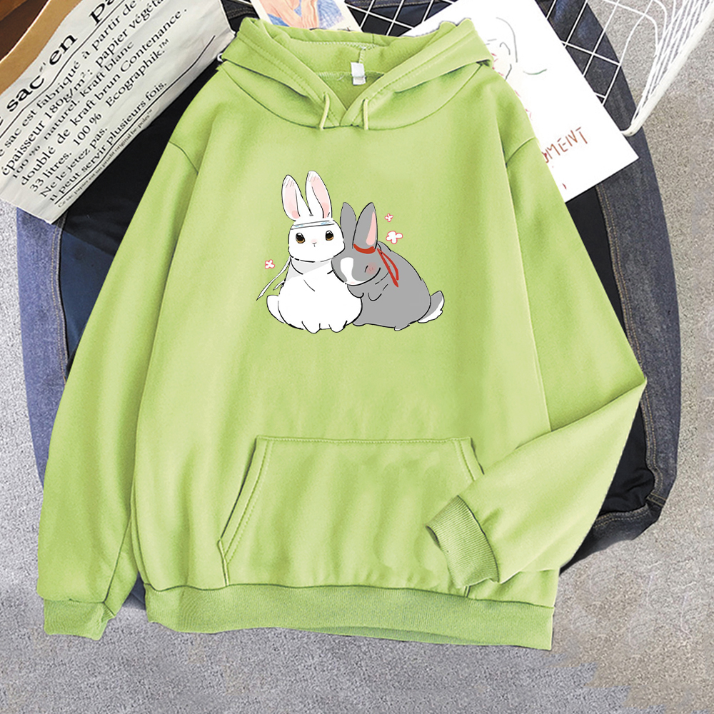 Kvinnors hoodies tröjor kawaii anime hoodie kvinnor mo dao zu shi den otedda wei wuxian lan wangji kanin tryck huvtröjor överdimensionerade tröjor harajuku 220926