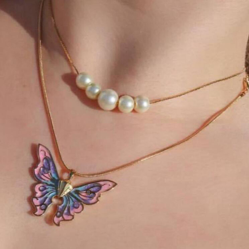 Pearl Drip Oil Butterfly Princess Crystal Necklace Buddha Couples Girlfriends Fashion Jewelry Accessories Gifts