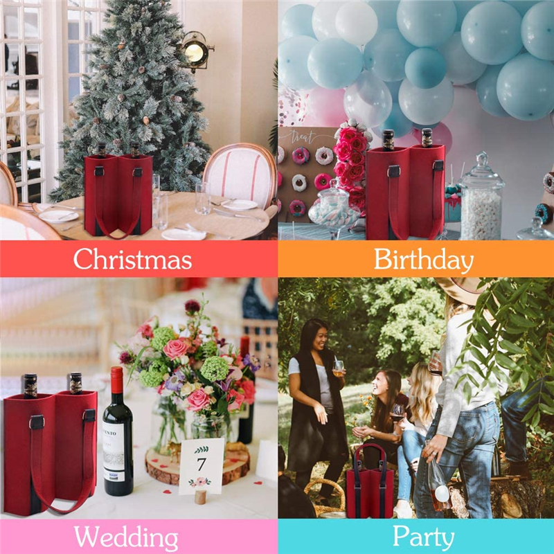 2 bouteilles feutre vin fourre-tout transporteur cadeaux emballage avec poignée en cuir véritable double bouteilles de vin sacs-cadeaux pour les fêtes de vacances anniversaires mariages Noël