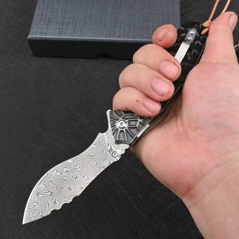 Gesmeed Damascus Kukri vouwmes 110 Laag stalen deeltjeshandgreep met lederen schede buitenjacht zelfverdediging Pocket camping EDC -messen