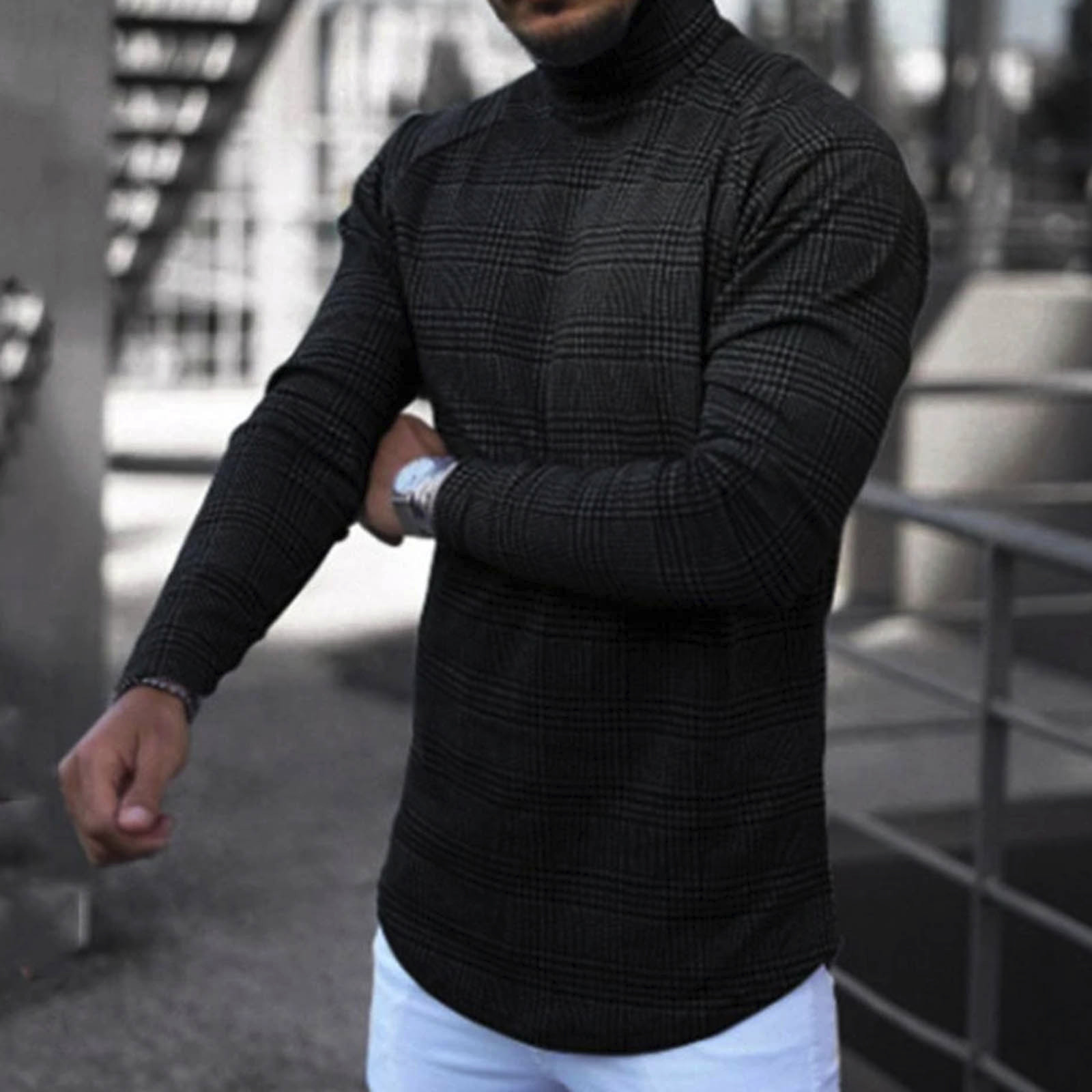 Men's Sweaters Fashion Men Turtleneck Long Sleeve Houndstooth Printed Slim Sweater Pullover Tops Casual Knitted Jumper Plus Size Pull Homme#35 220926