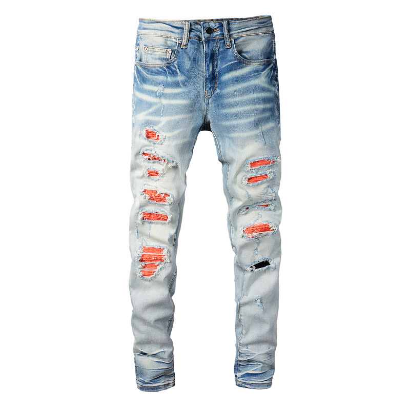 Męskie dżinsy High Street Blue Gradient Knee Risted Orange Patch Pants jasnoniebieskie szczupłe spodnie 2710