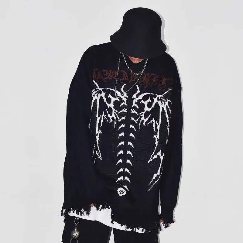 Pulls pour hommes Hip Hop Streetwear pull tricoté hommes gothique lettre chauve-souris squelette imprimé pull automne Harajuku pull en coton femmes 220926