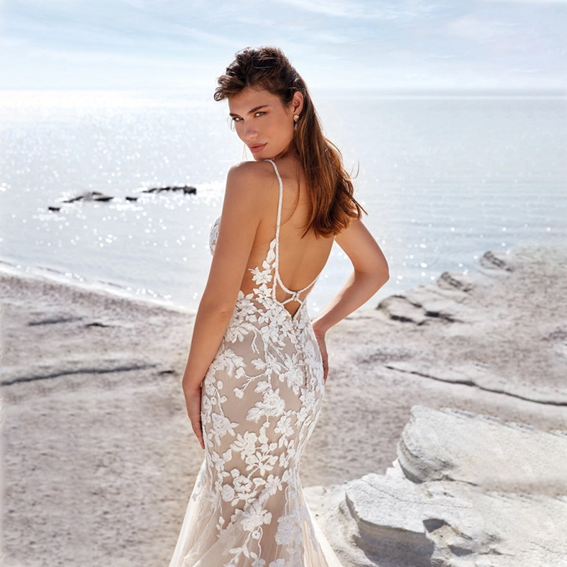 Elegante playa sirena vestido de novia 2022 luz champán encaje Sexy espalda descubierta Boho país vestidos de novia cuello en V correas espaguetis vestido de novia Robe De Mariage mujer