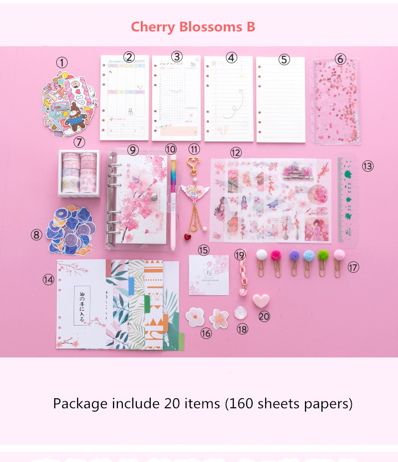 Bloc-notes Sharkbang Kawaii Bling Fleurs de cerisier A6 Feuilles mobiles Journal intime Ensemble Journal Carnet de notes Agenda Bullet Planner 160 feuilles 220927