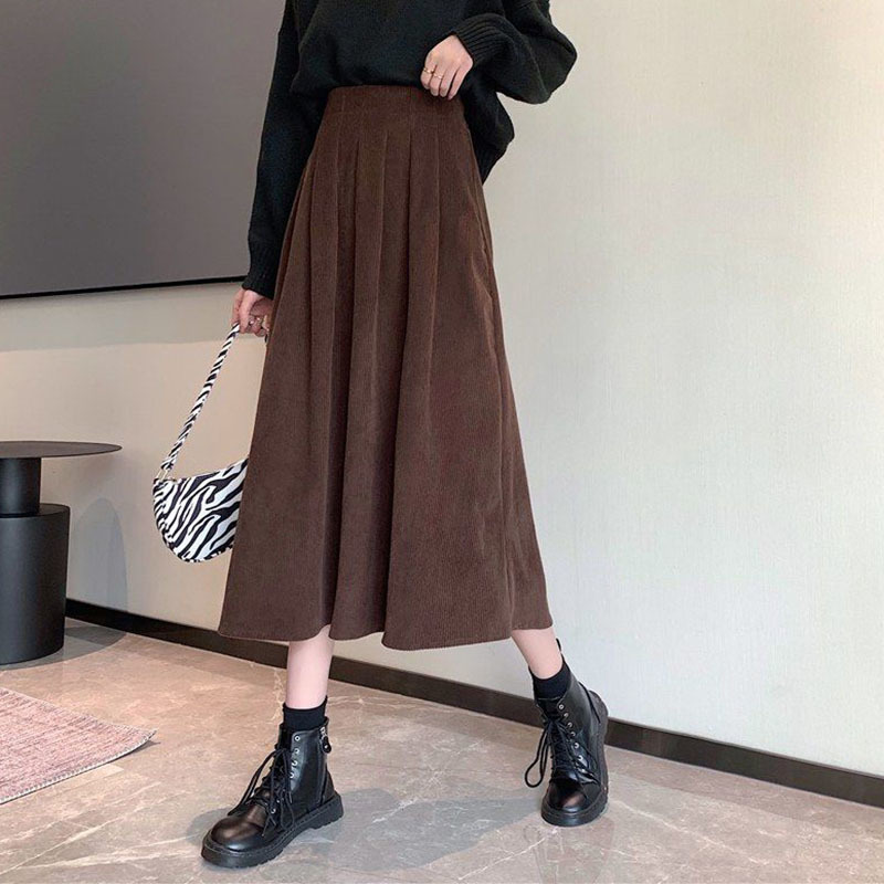 التنانير Lucyever Women's Corduroy Midi تنانير خمر بني أسود عالي الخصر الطويل الطويل أنثى الخريف أزياء ألين تنورة 220924