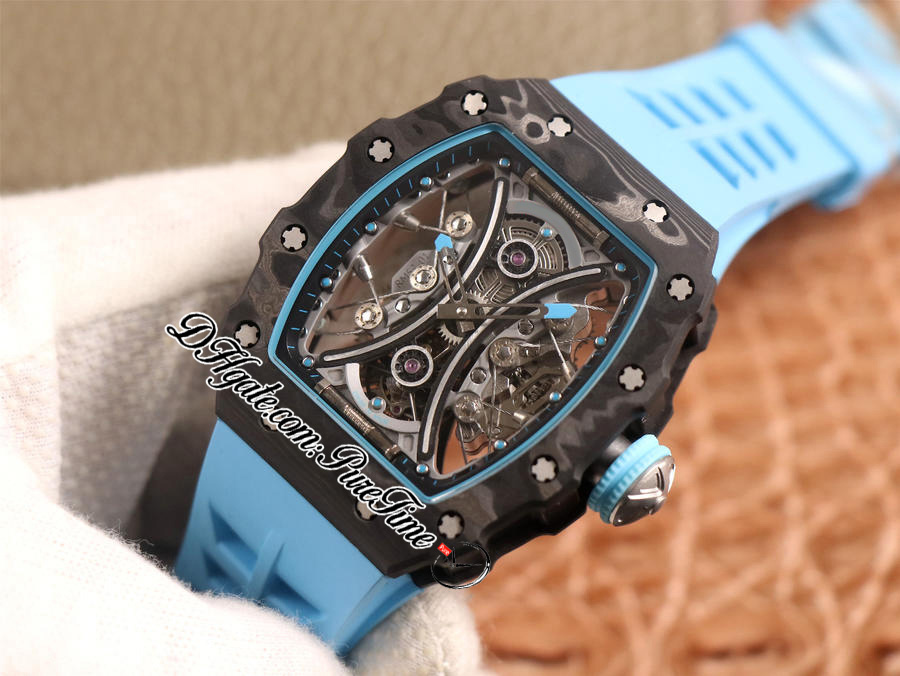 JBF 53-01 Real Tourbillon Hand Winding Mens Watch V2 Pablo Mac Donough Carbon Fiber Skeleton Dial Blue Rubber Strap Watches Super Edition Puretime