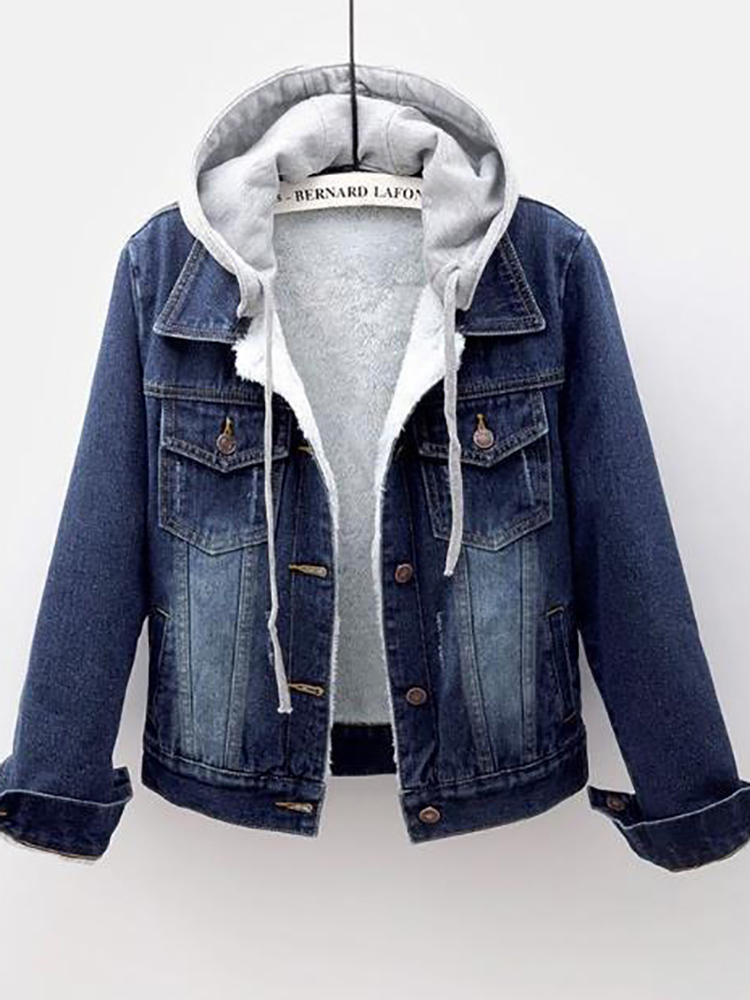 Femmes Vestes Femmes Polaire Chaud Hiver Femmes Jean Veste Poches Bouton Doux À Capuche Chaud Survêtement À Capuche Mode Mince Denim Manteaux Femme 220926