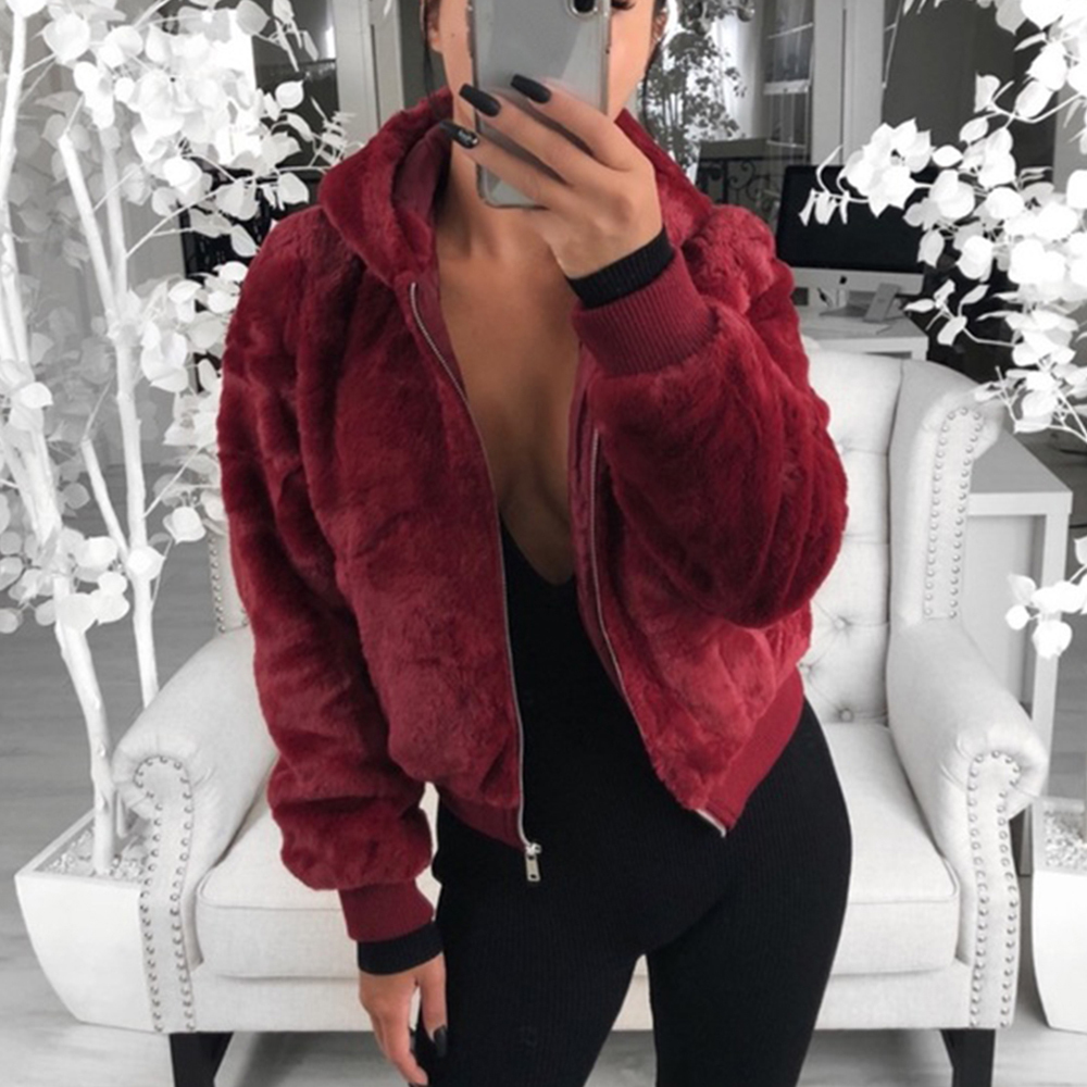 Women's Fur Faux DIHOPE Women Coat With Hood High Waist Fashion Slim Black Red Pink Jacket Fake Rabbit Coats 220927