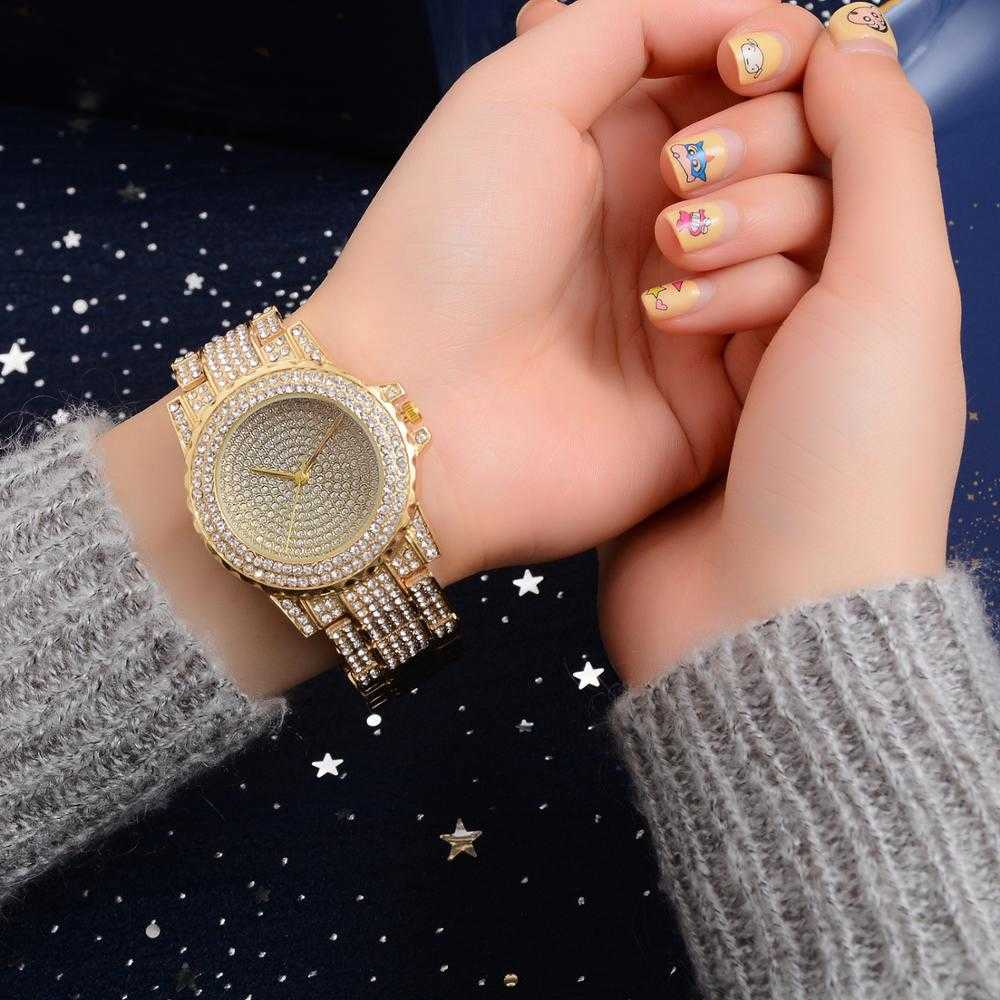 's Fashion Bling Casual Dames Dames Quartz Gouden Horloge Kristal Diamant Voor Dames Klok 09262121