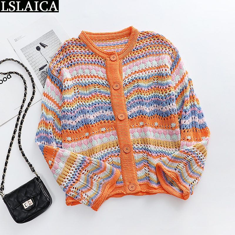 Damskie Krzyki TES Cardigan Top Kobiet Długie rękawie pojedynczy przycisk Dekorowany Slim Rainbow Stripwork Patchwork Sweatek Sweter Spring Autumn Modna Moda 220927