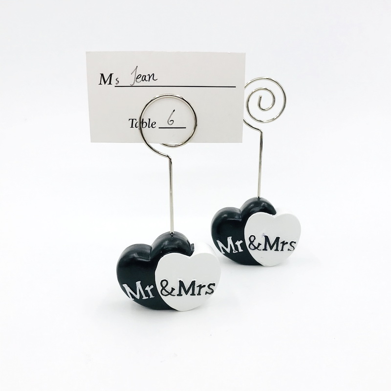 Wedding Party Table Decorations Mr. & Mrs. Heart Design Place Card Holder Solid Resin Black and White Name Card Holders