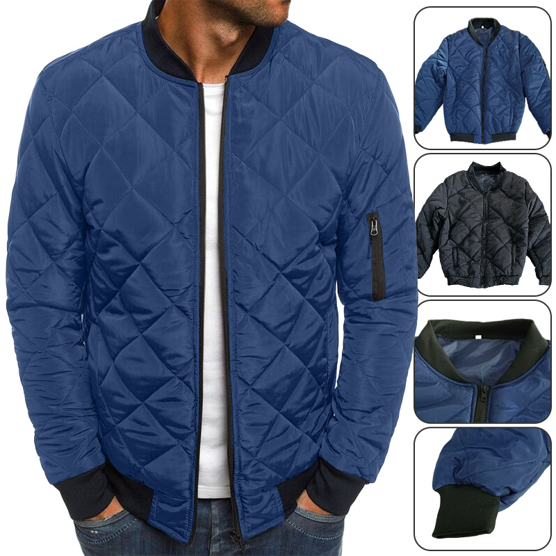 Men's Jackets Men Quilted Padded Casual Zip Up Winter Warm Bomber Plaid Stand Up Coat Windproof Outwear 220927