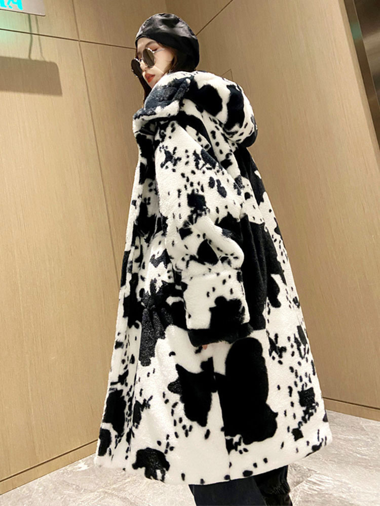 Womens Jackets ZADORIN Winter Thicken Oversize Cow Printed Hooded Long Faux Mink Fur Coat Women Furry Faux Fur Jacket for Lovers Coats Man 220926