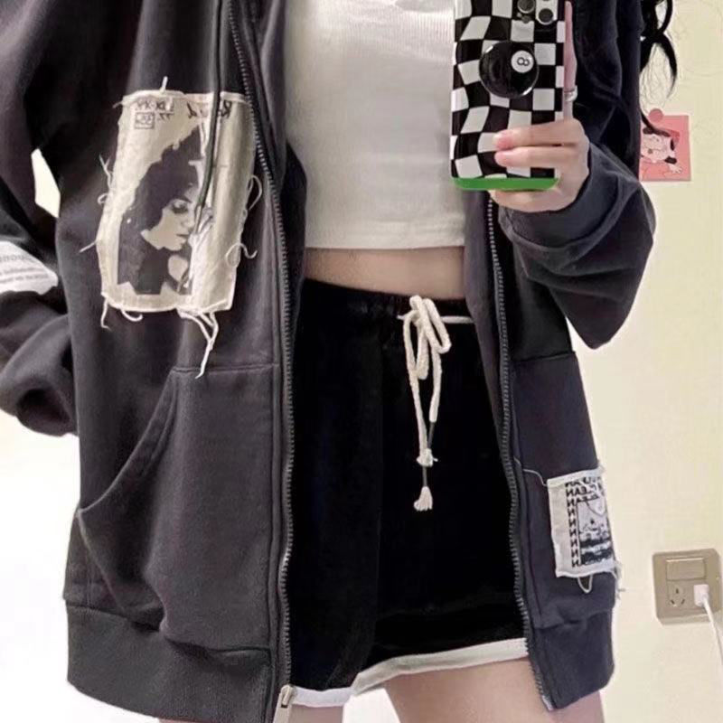 Женские толстовки с капюшоном Egirl Punk Hoodie Dark Print Grunge Jacket Y2k Vintage Women Hip Hop Streetshirt Harajuku Anime Goth Hoodies Women Coat Zipper 220926