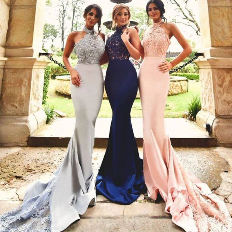 2023 Cheap Mermaid Bridesmaid Dresses Halter Neck Lace Appliques Sleeveless Backless Satin Long Wedding Guest Maid Of Honor Gowns