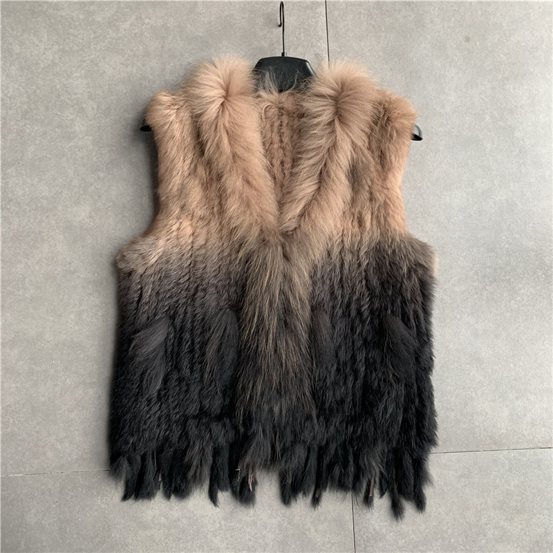 Fausse Fourrure Femme VR001 Femmes Naturel Vrai Lapin Gilet Avec Col De Raton Laveur Gilet/vestes Rex Tricoté Hiver 220927