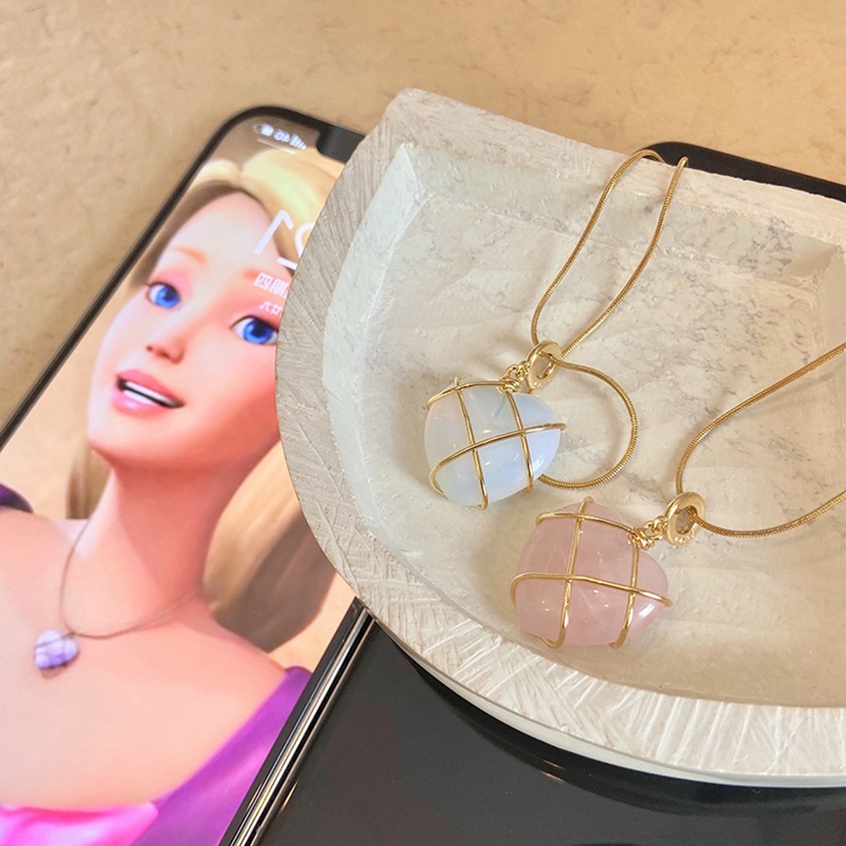 Collar de collar de diamantes de 10 piezas de ópalo de moda para mujeres chicas cuarzo rosa encantadora accesorios de joyería regalo