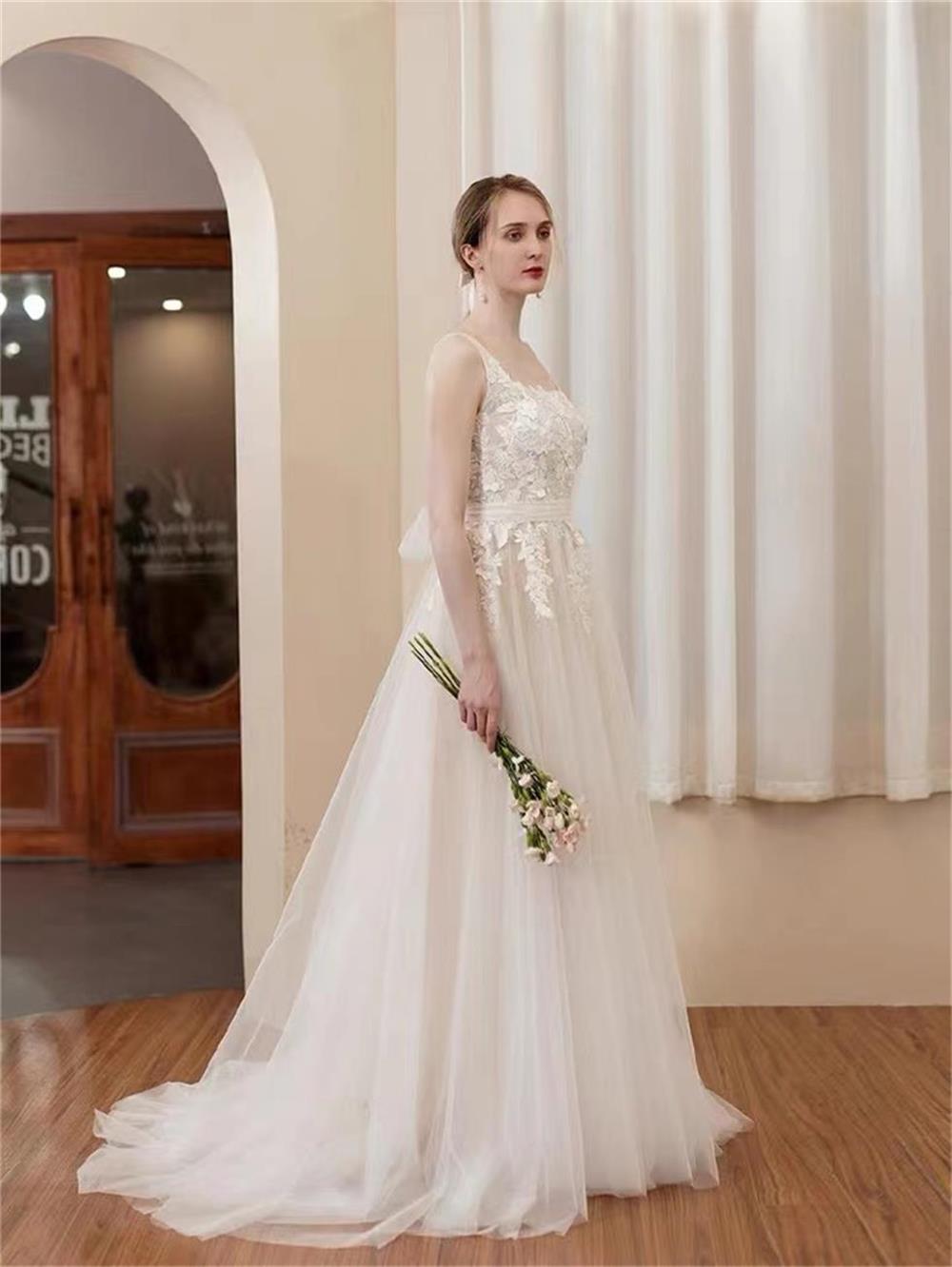 A-Line Wedding Dress Backless Romantic Lace Applique Beach Boho Bridal Dress LD8038
