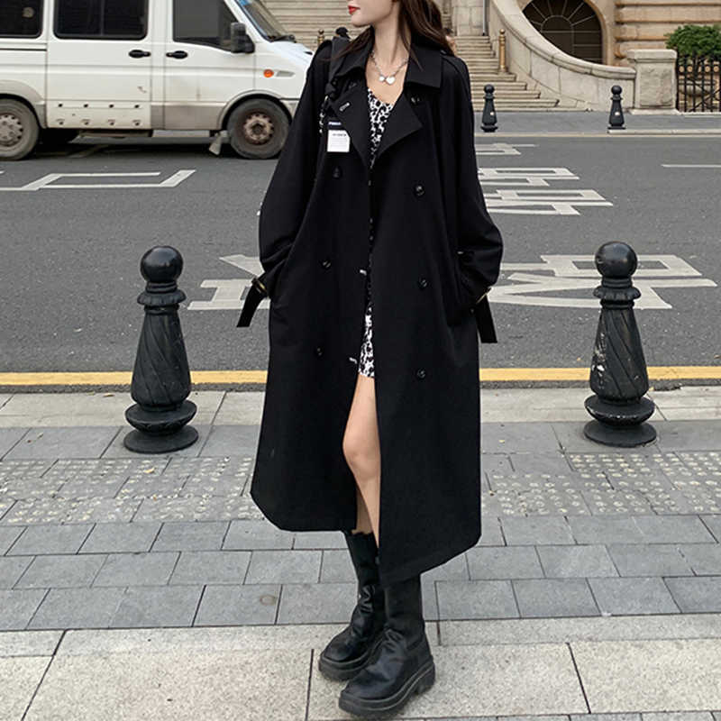 Trench Coats preto de trincheira longa casacos mulheres letra de manga longa com calças de manga comprida com cinto 2022 bf lapela solto outa