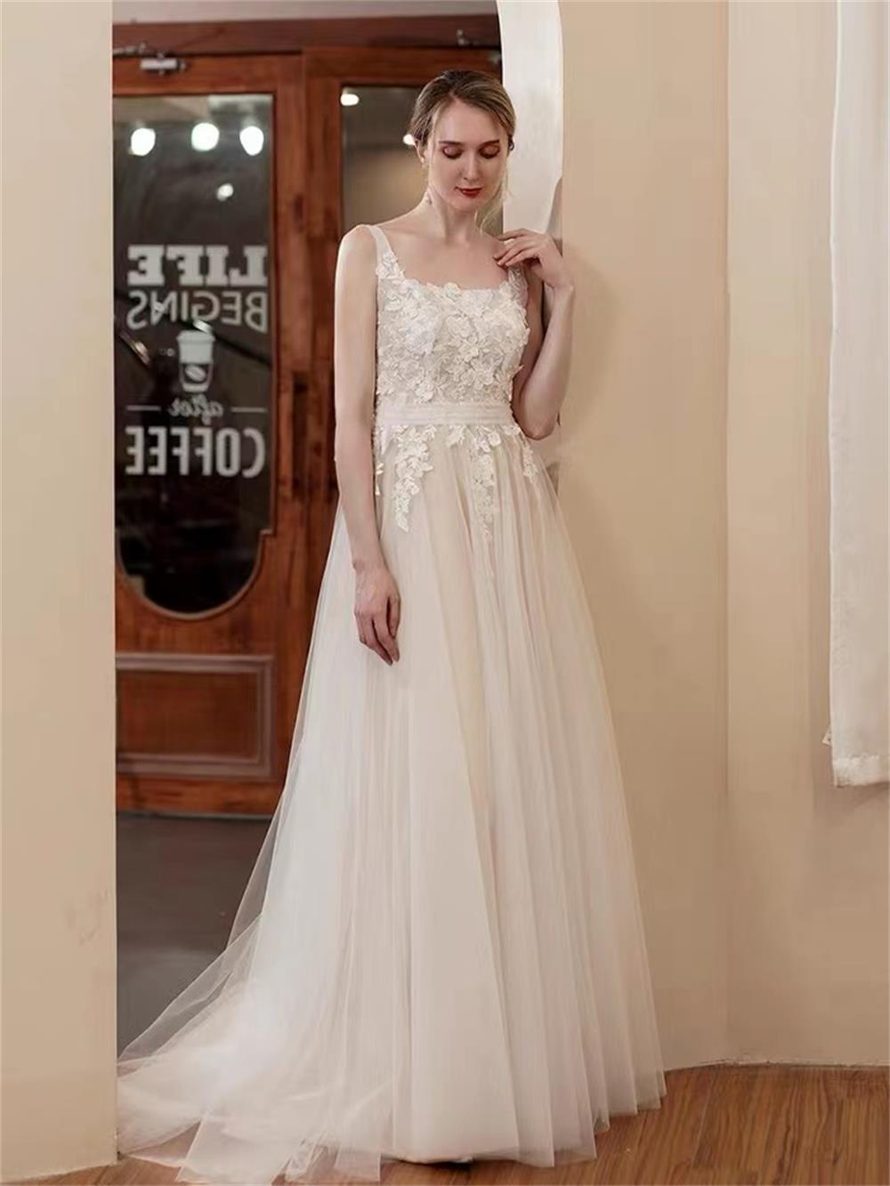 A-Line Свадебное платье без спинка романтическое кружевное аппликация пляж Boho Bridal Dress LD8038