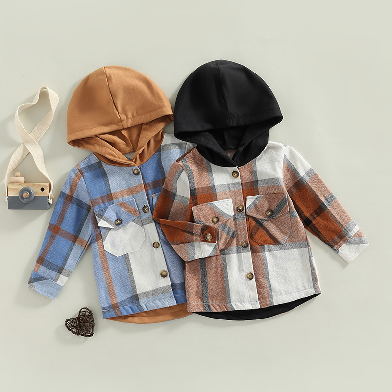 Jackets Focusnorm 4 kleuren 1-6y herfst Kids jongens causale shirts jas plaid geprinte patchwork lange mouw met één borsten met een kap