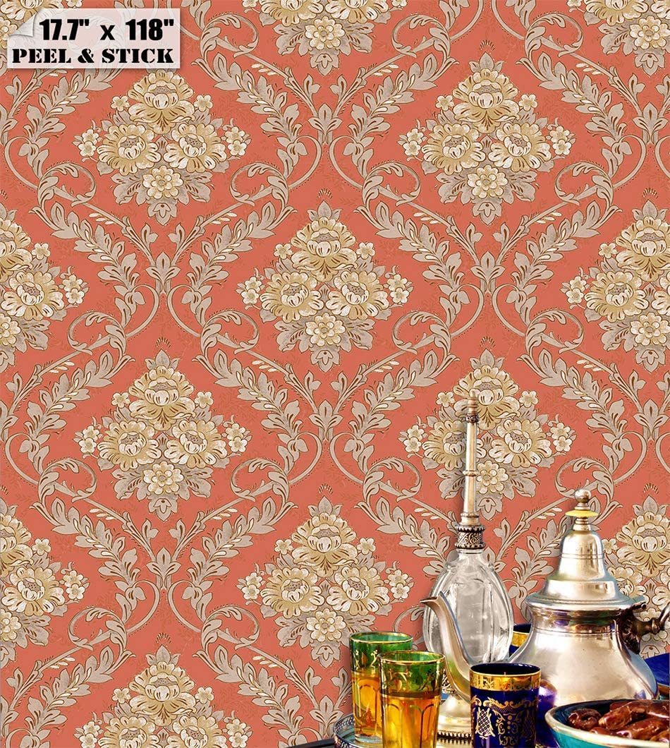 Bakgrundsbilder Luxury Damask Peel och Stick Wallpaper Red Khaki Pre -klistra in avtagbar vinyl självhäftande möbler klistermärken för heminredning 220927