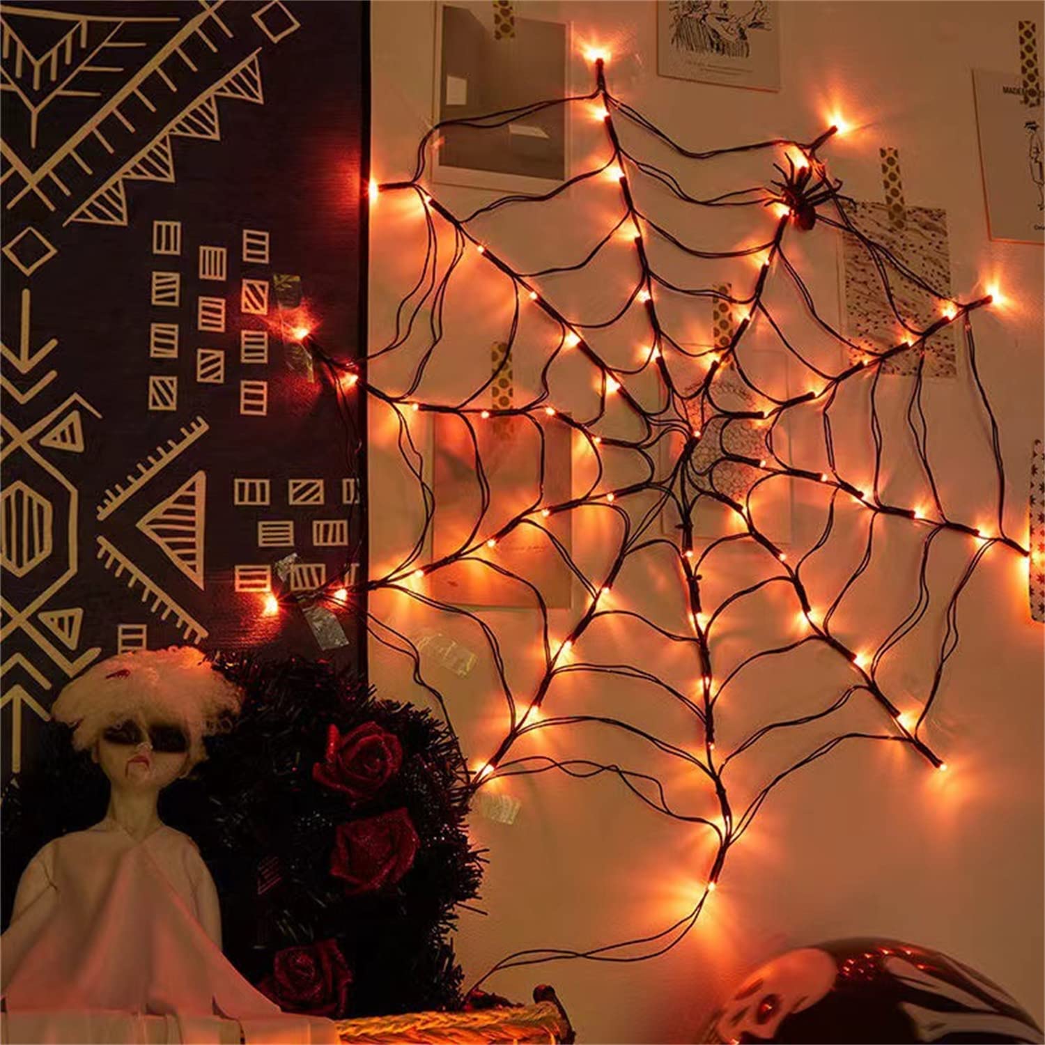 Cnsunway Solar Powered Halloween 60 LED String Lights Purple Spider Web 3.28ft直径8モード