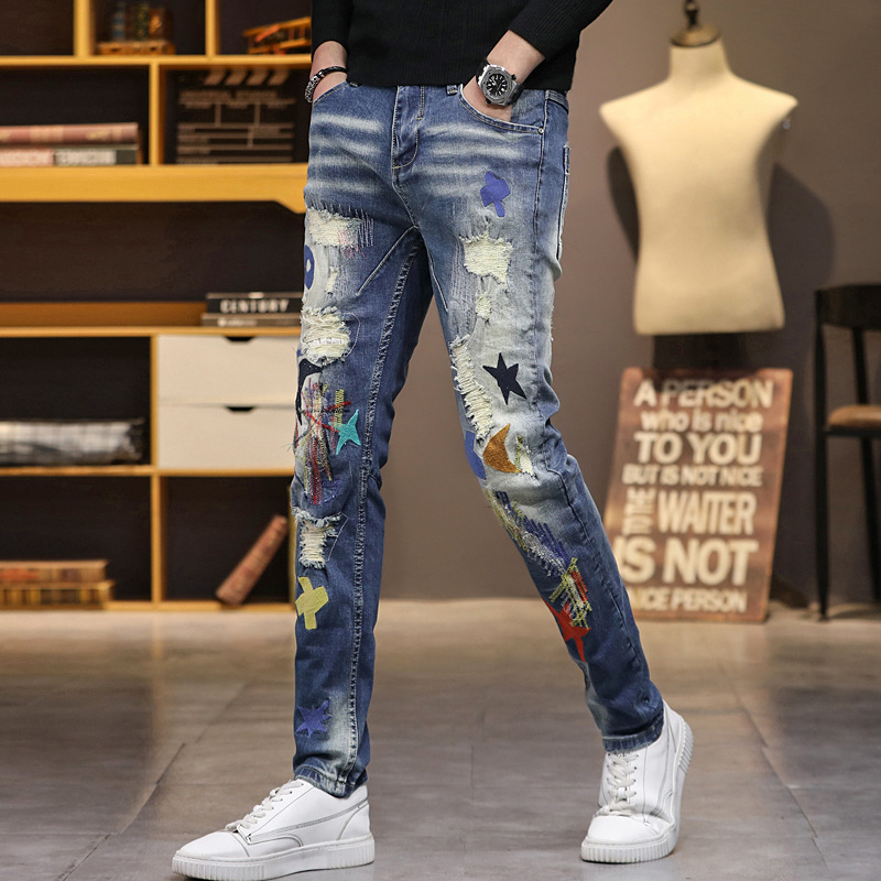 Jeans pour hommes Mens en détresse mendiant jeans sale déchiré denim pantalon broderie trou minceur long homme 220927