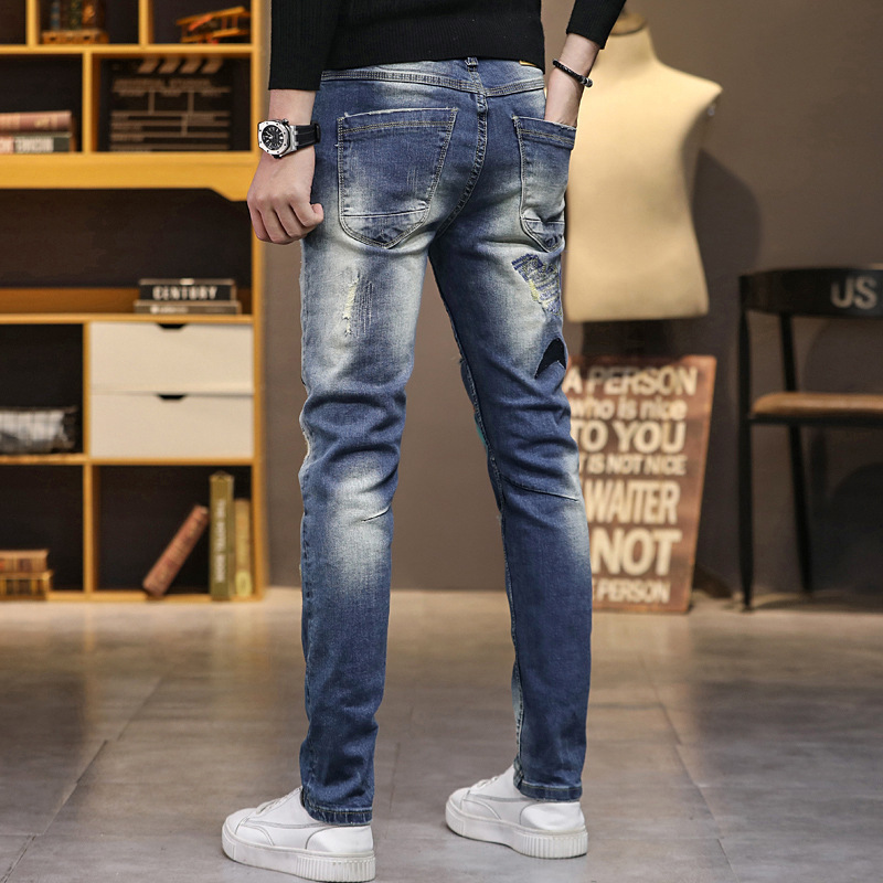 Jeans pour hommes Mens en détresse mendiant jeans sale déchiré denim pantalon broderie trou minceur long homme 220927