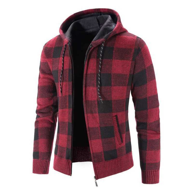 Herrjackor 2022 Ny höstvintermän jacka rutig tröja varm tjock blixtlås slim fit fleece huva jackor stickkläder hane coat t220926