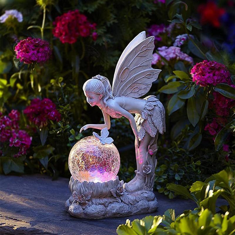 Dekorativa föremål Figurer LED Solar Angel Harts Lamp Statue Utomhusdekoration Ornament Lysande Elf Girl Garden Crafts Flower Fairy 220928