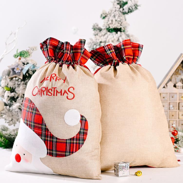 Linen Santa Sack Christmas Gift Bag Red Plaid Drawstring Tote Bags Festival Decoration SN6802