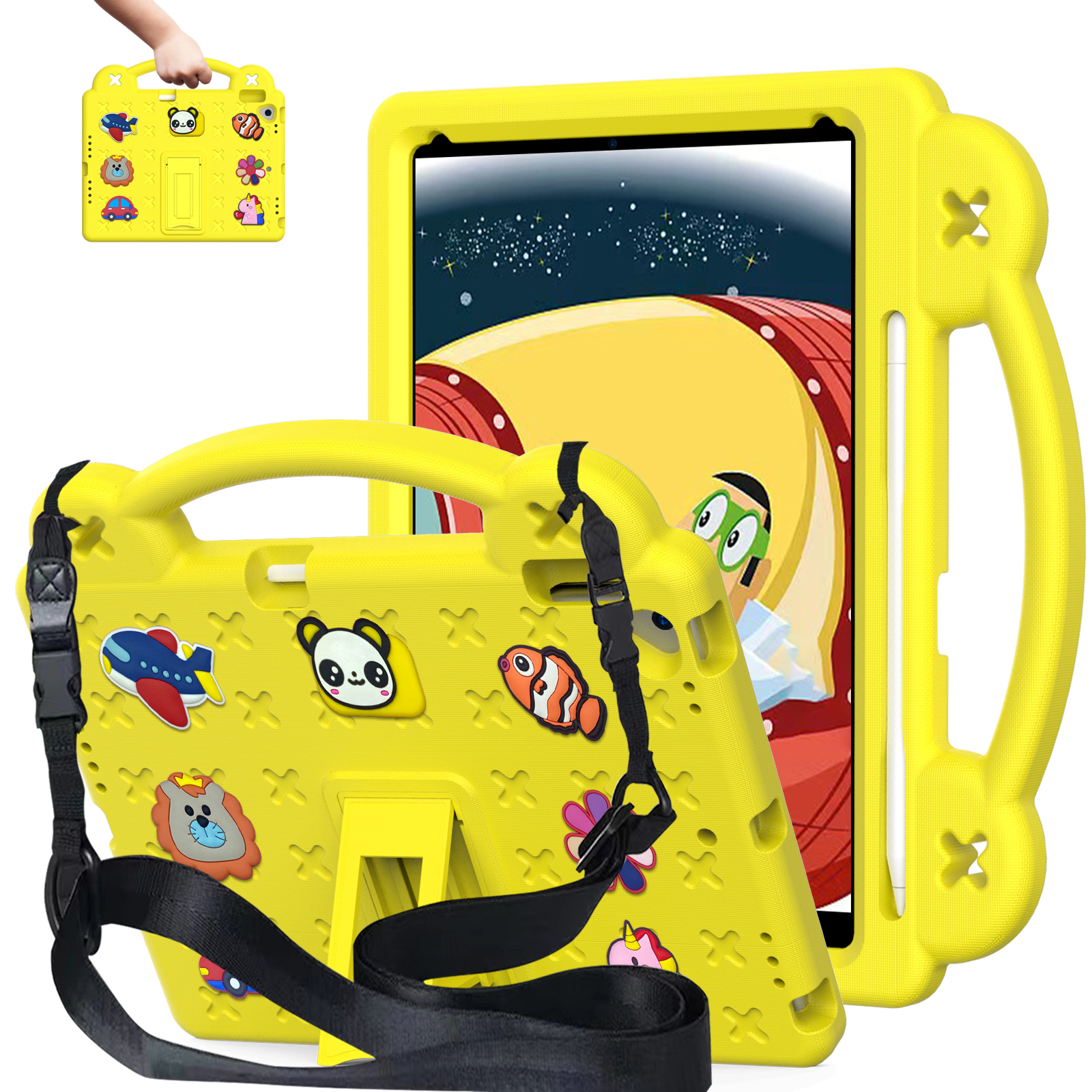 iPad Kids Case EVA Bırak-Kötü Şok geçirmez Kickstand Saplama Omuz Kayışı Çocuk Dostu Koruyucu Tablet Kapak Kollu Mini 123456 Hava 10.2 10.5 Pro 11 inç