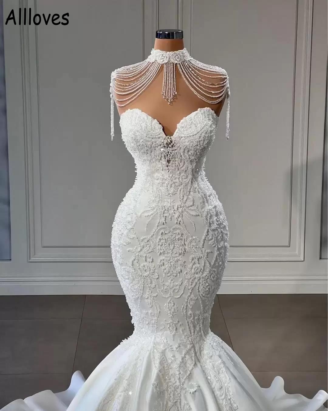 Splendidi abiti da sposa a sirena in pizzo con collo alto che borda l'involucro Bolero Abiti da sposa vintage di lusso eleganti in raso Plus Size arabo Aso Ebi Abiti da sposa CL1195