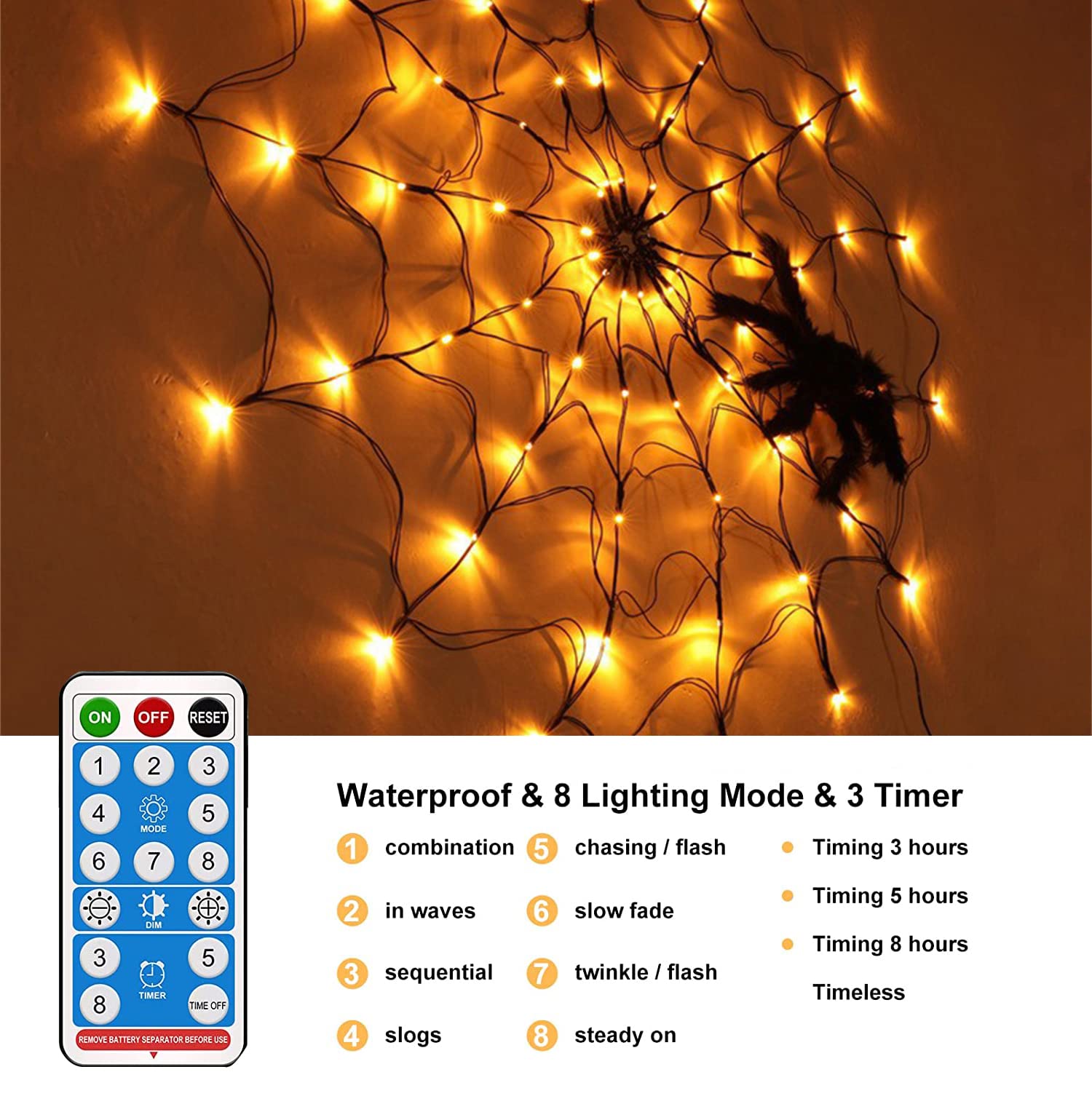 CNSUNWAY Solar Powered Halloween 60 LED String Lights Purple Spider Web 3.28ft Diameter 8 Modes Waterproof Cobweb Net Light Indoor Ourdoor Garden Window Yard Home