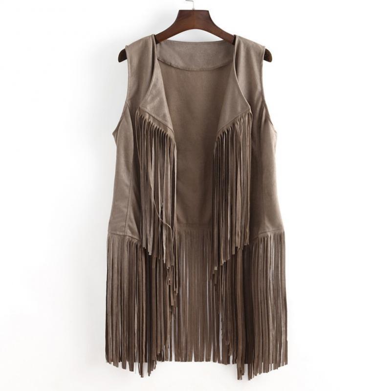 Women's Vests Fringed Jacket Fashion Fall Winter Suede Ethnic Sleeveless Cardigan Vintage Faux Tassel Coat Coffee 220928