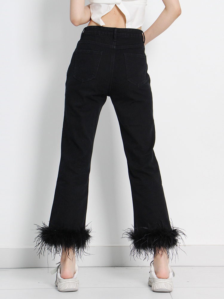 Kvinnors jeans Twotwinstyle Black Patchwork Feathers Pants For Women High midje Solid Minimalist Trousers Female Korean Fashion Clothing Style 220928