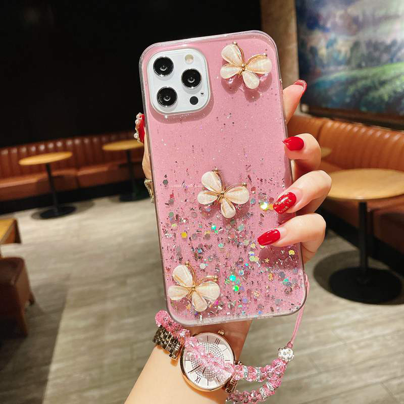3D Butterfly Soft TPU Cases For Iphone 15 14 Pro Max 13 12 Mini 11 XR XS X 8 7 6 I14 Plus Bling Foil Glitter Confetti Sequin Luxury Lady Clear Drop Glue Phone Back Cover Strap
