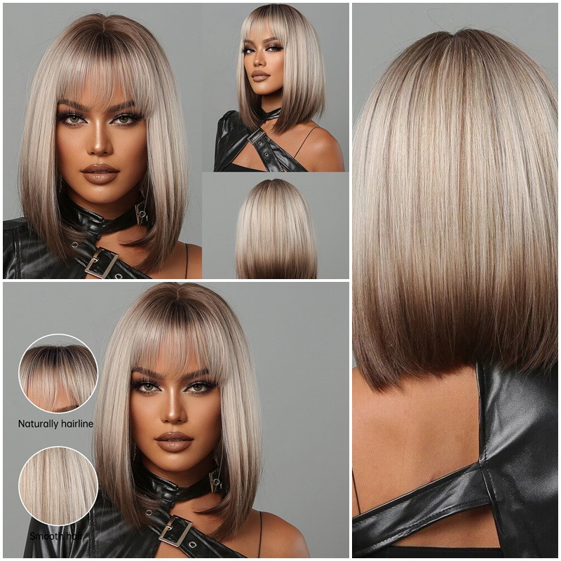 Synthetic Wigs With Bangs Fashion Short Straight Bob Wigs For Women Cosplay Natural Heat Resistant False Hair